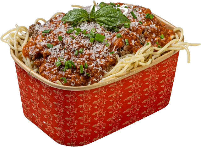 La Bolognaise : spaghetti, sauce à la viande, parmesan râpé, basilic et ciboulette, dans le bol rouge Le Pastaman.